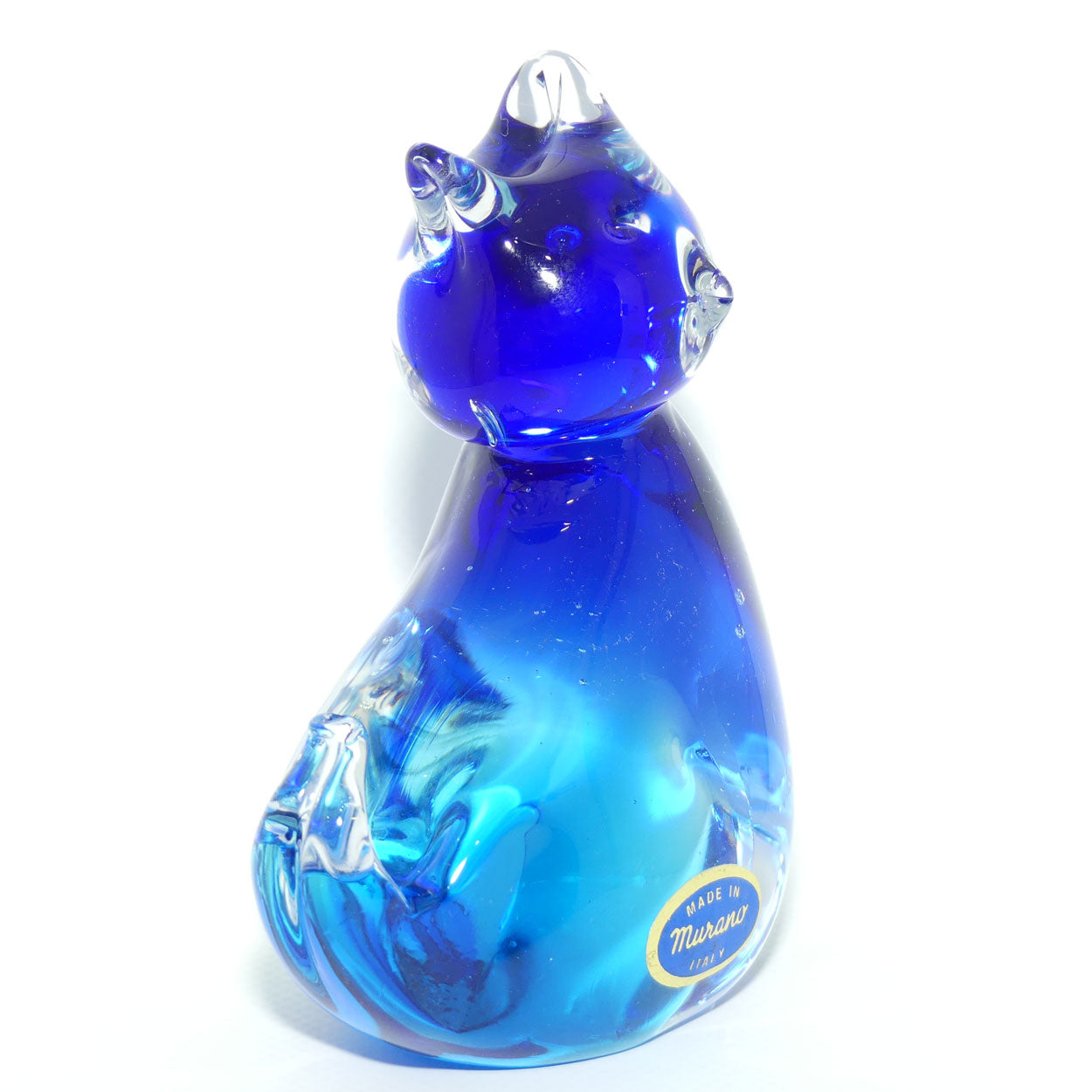 Murano Glass Two tone Blue and Clear Cat figure | Foil label intact