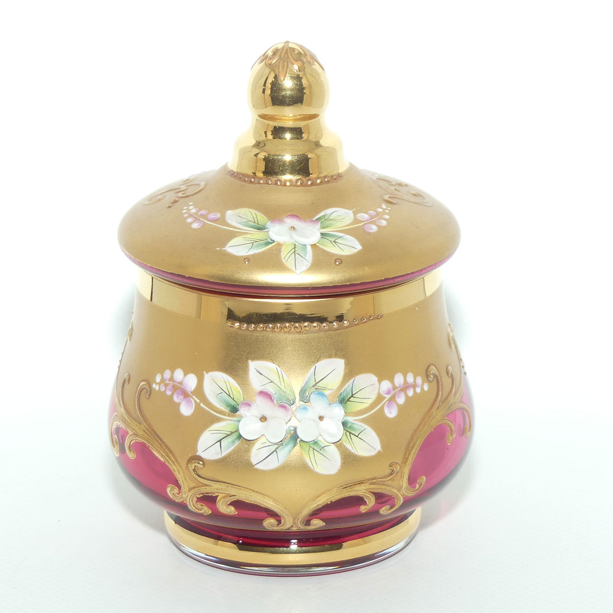 Vintage Bohemian Glass small lidded trinket | High Gilt and Floral Decor on Cranberry