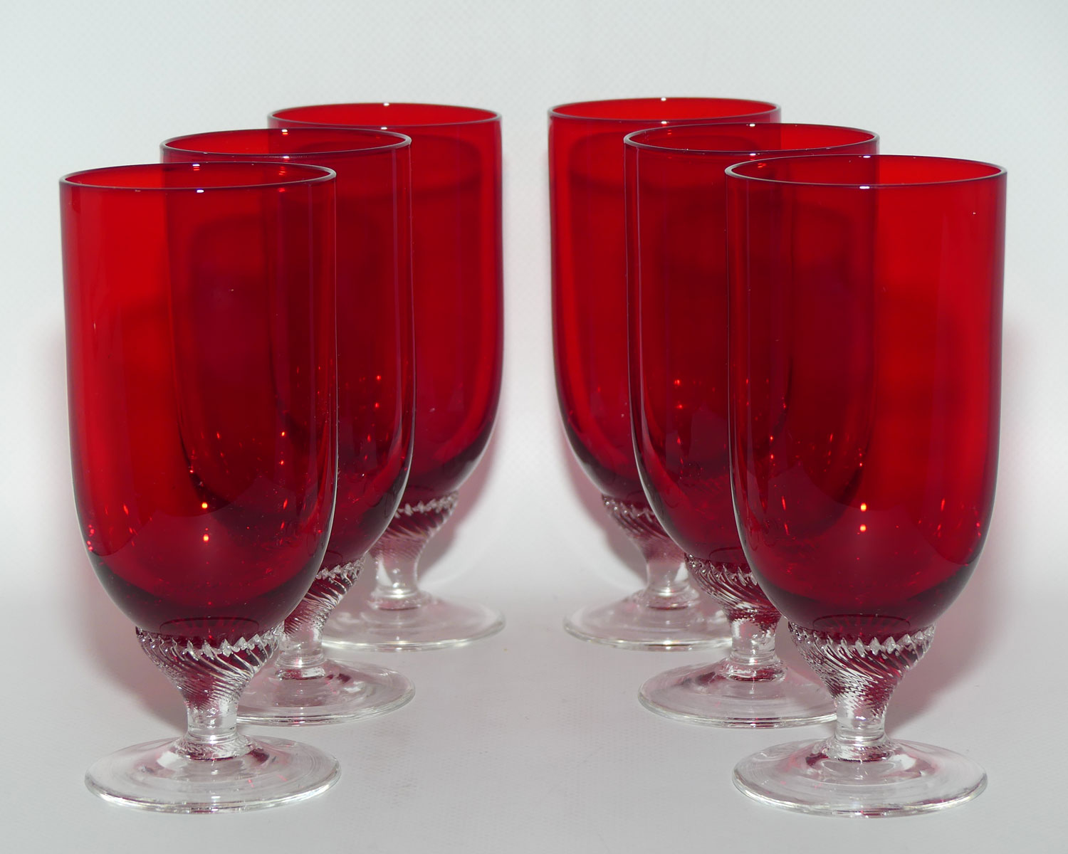 Ruby Glass set of 6 short stem Champagne Flutes | Superb fine twist stems