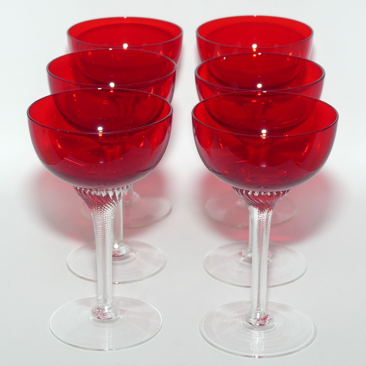 Ruby Glass set of 6 Champagne Saucers | Superb fine twist stems