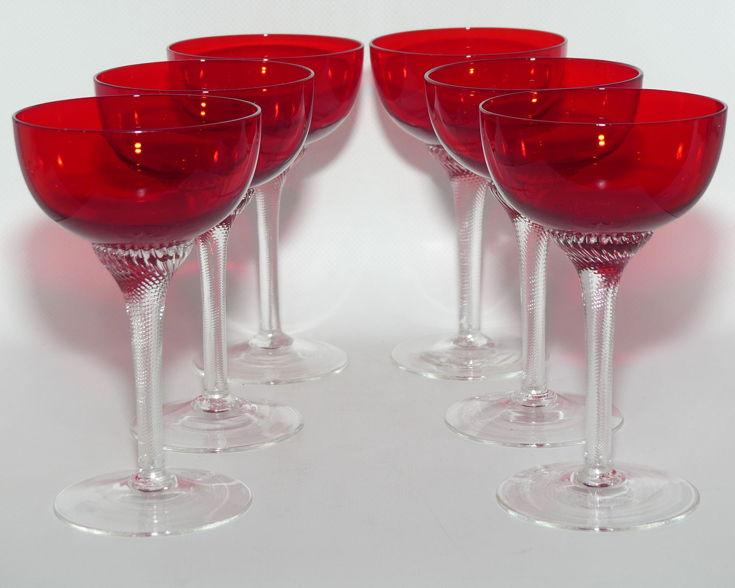 Ruby Glass set of 6 Champagne Saucers | Superb fine twist stems
