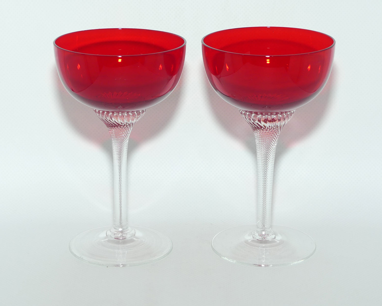 Ruby Glass set of 6 Champagne Saucers | Superb fine twist stems