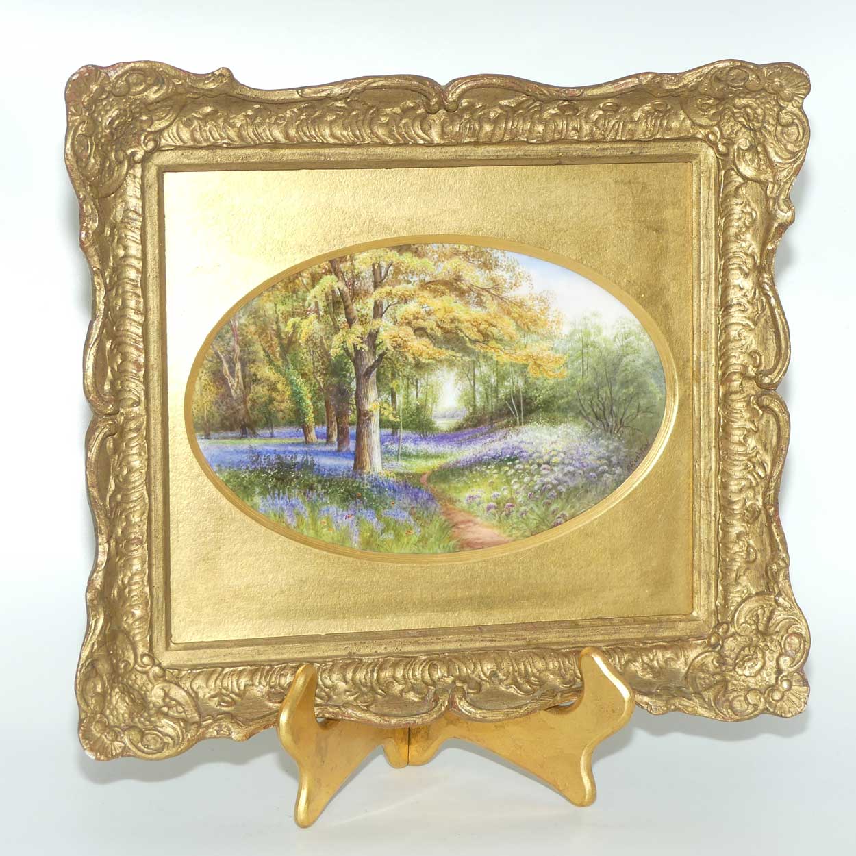 Royal Worcester hand painted gilt framed plaque Bluebells Kew by Raymond Rushton