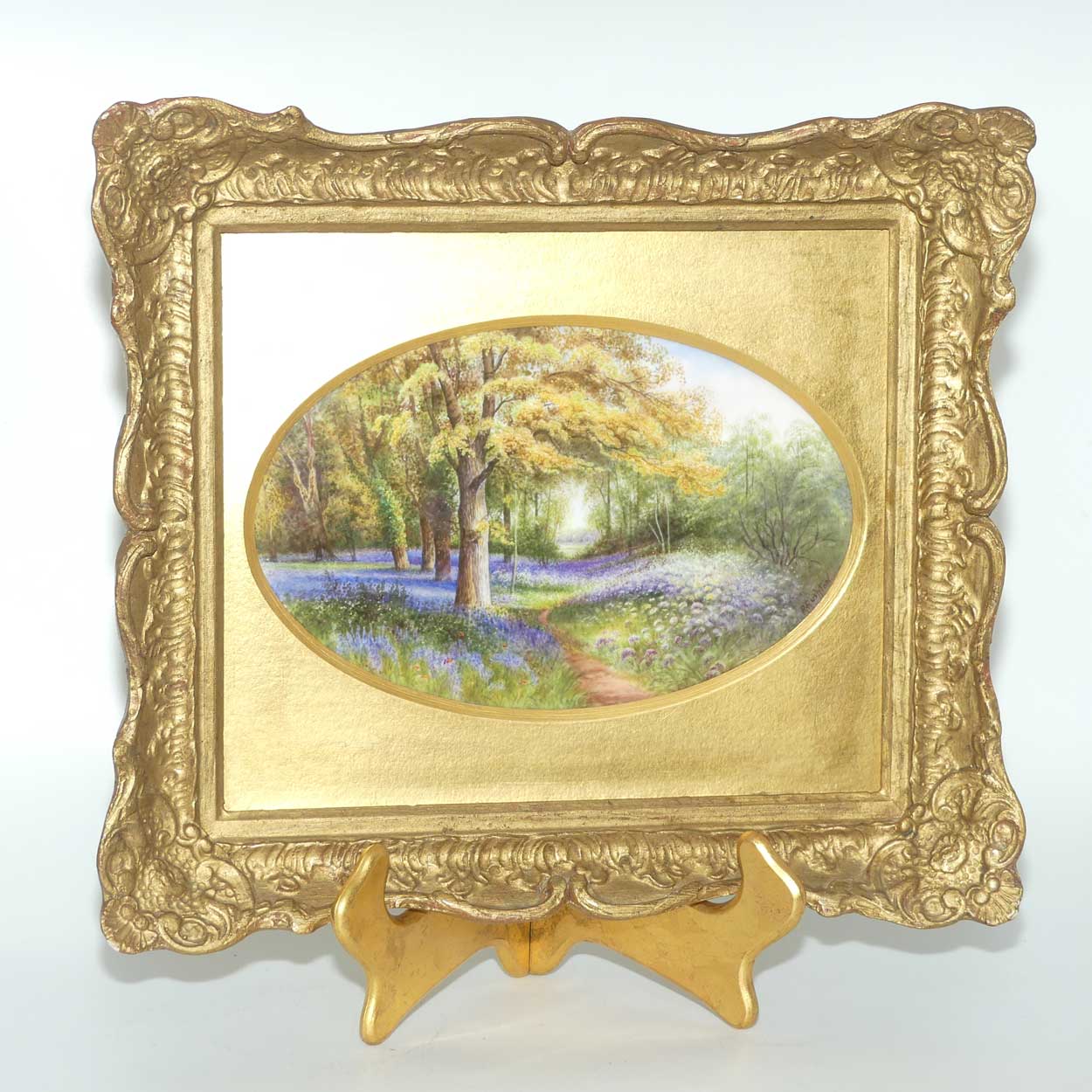 Royal Worcester hand painted gilt framed plaque Bluebells Kew by Raymond Rushton