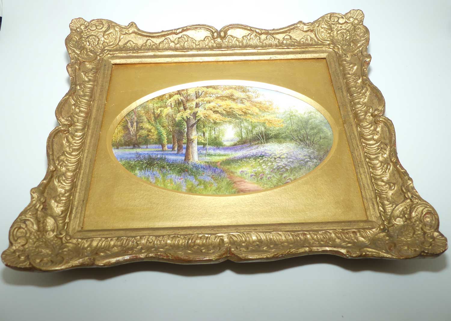 Royal Worcester hand painted gilt framed plaque Bluebells Kew by Raymond Rushton