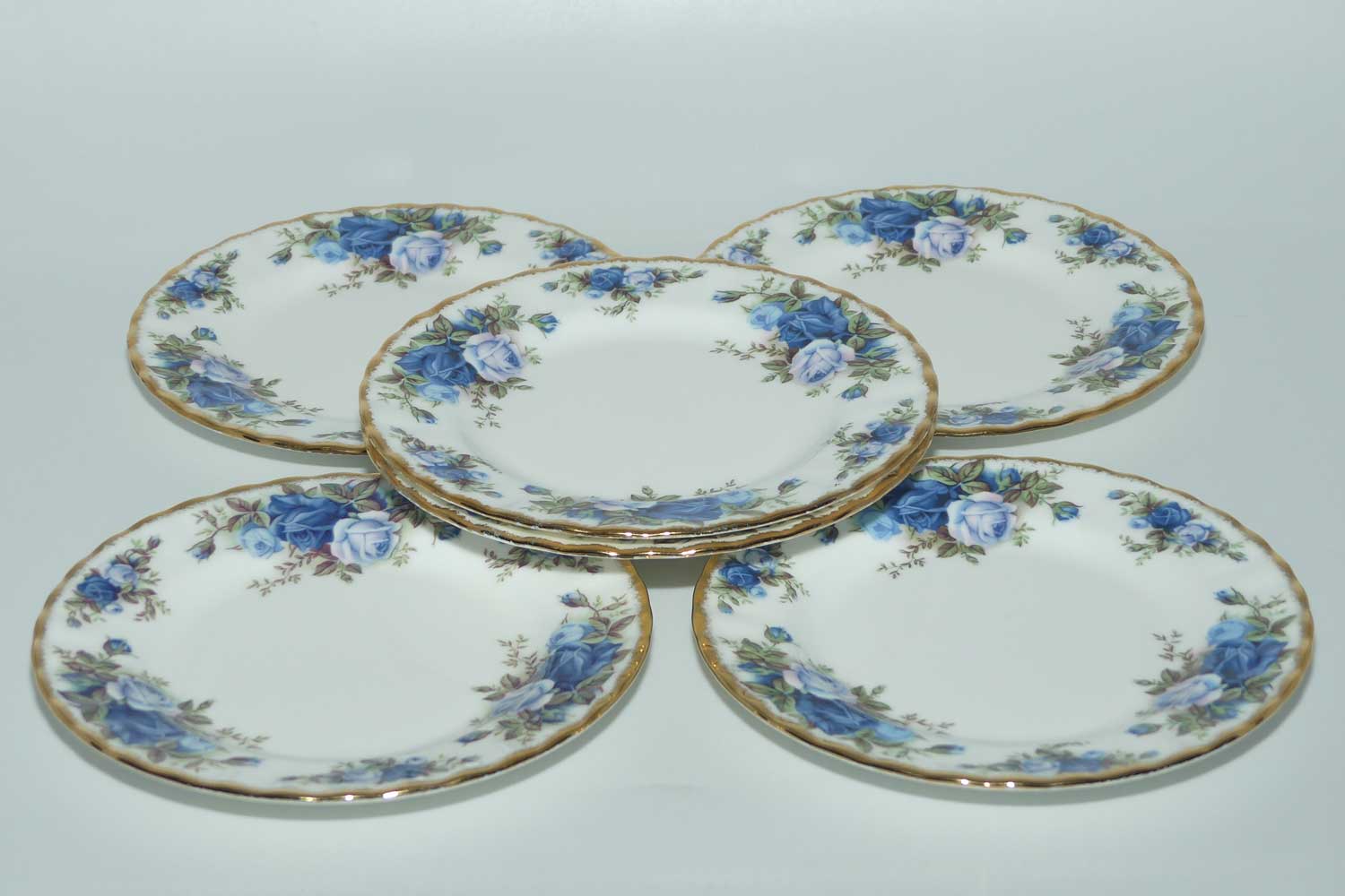 Royal Albert Bone China England Moonlight Rose 7 piece sandwich or cake set | © 1987 Royal Albert Ltd backstamp