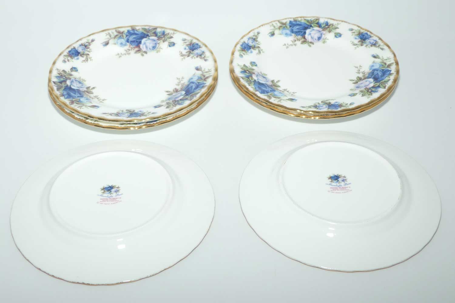Royal Albert Bone China England Moonlight Rose 7 piece sandwich or cake set | © 1987 Royal Albert Ltd backstamp