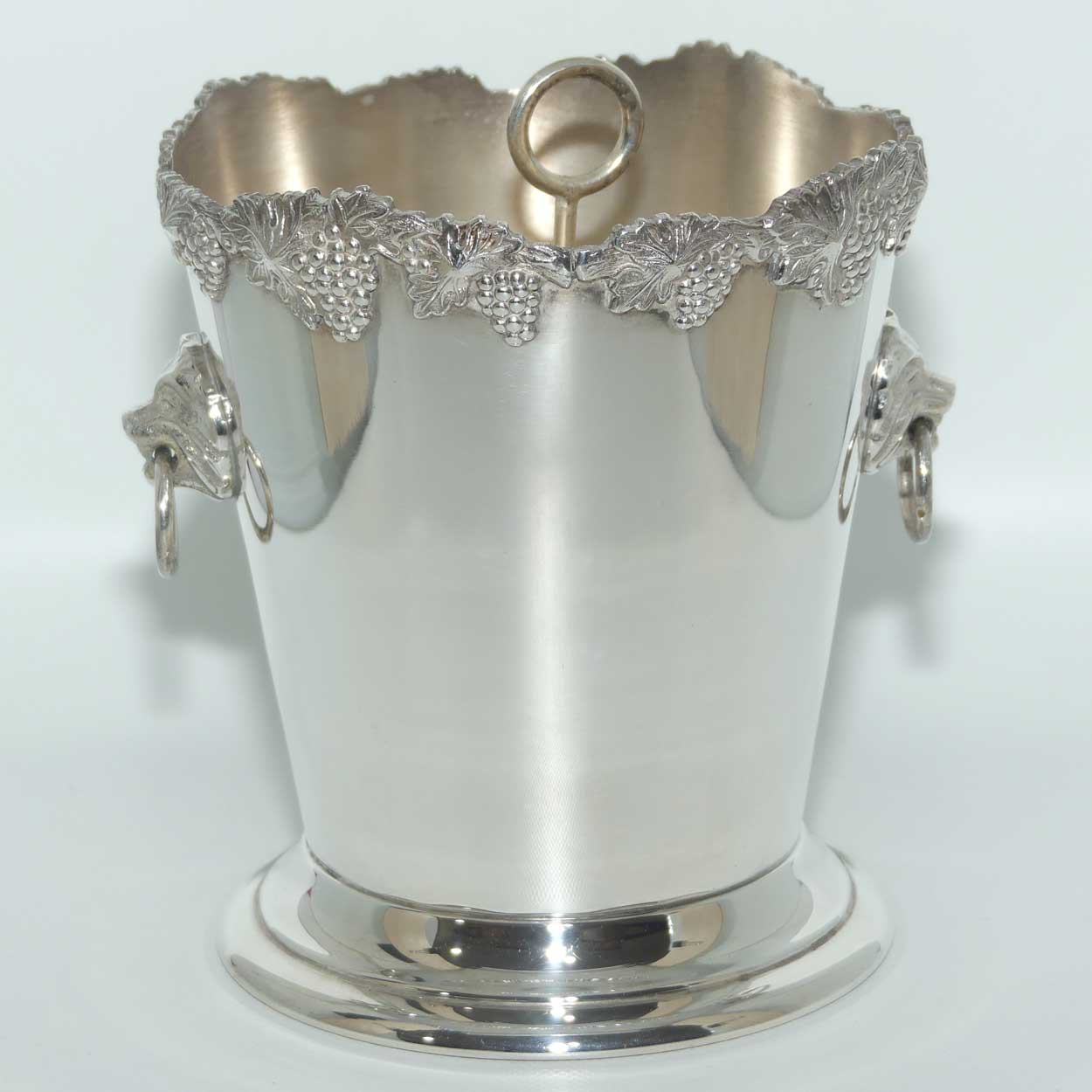 Saracen Silver Plate Neoclassical Lion Head and ring ice bucket and insert | Grape and Vine pattern