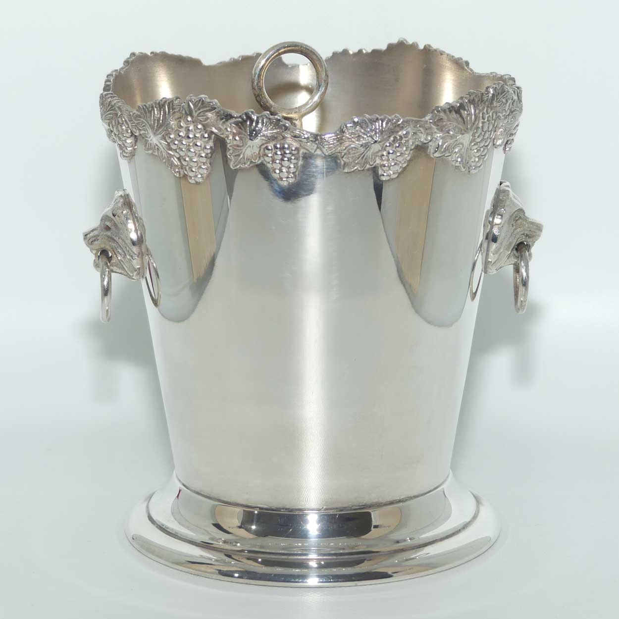 Saracen Silver Plate Neoclassical Lion Head and ring ice bucket and insert | Grape and Vine pattern