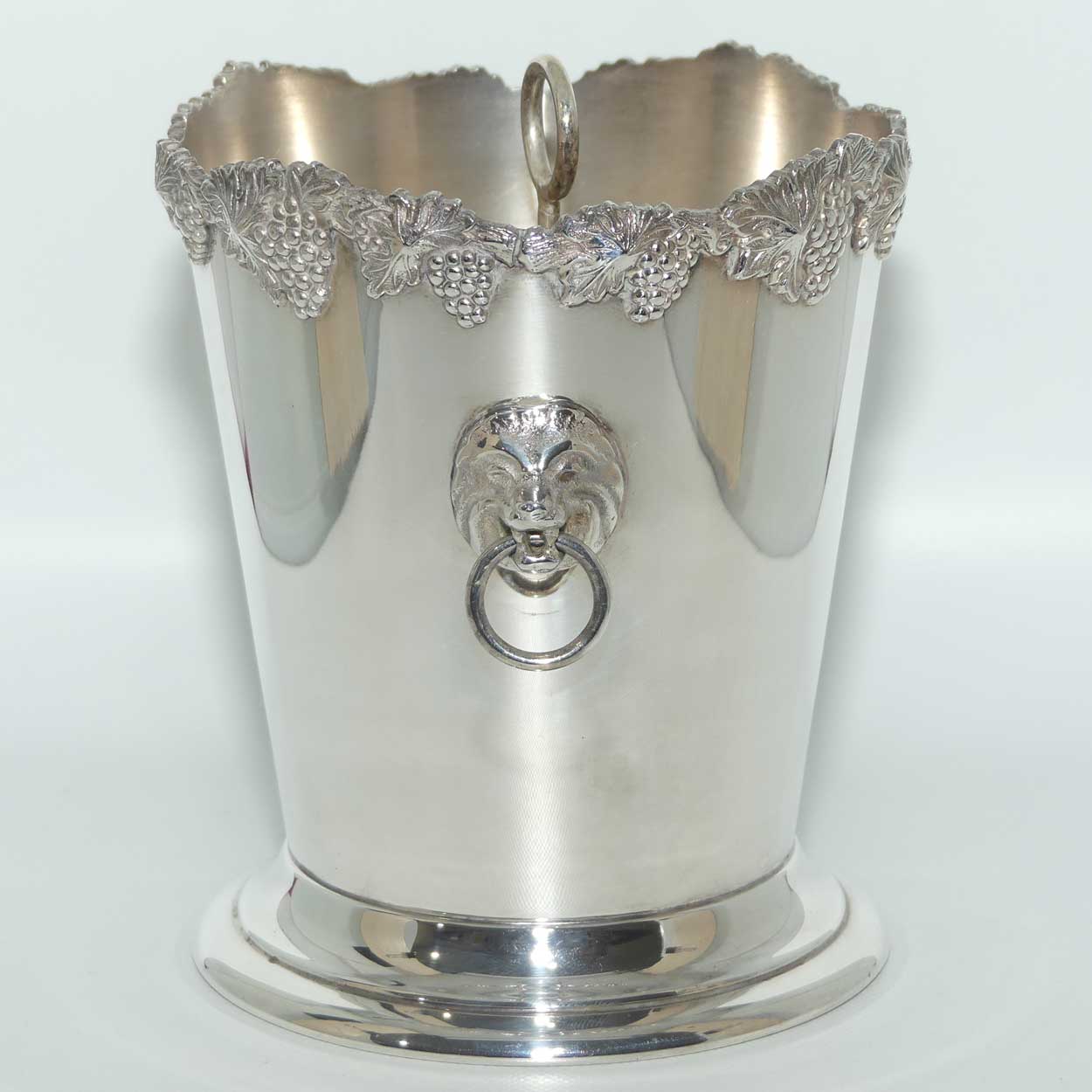 Saracen Silver Plate Neoclassical Lion Head and ring ice bucket and insert | Grape and Vine pattern