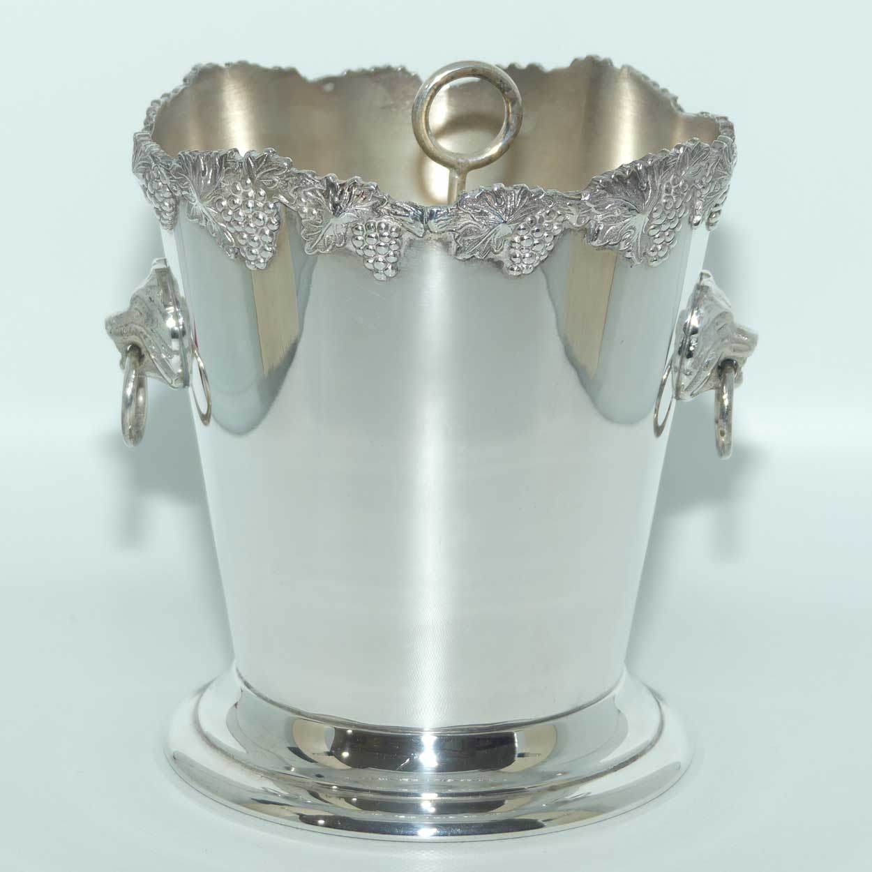 Saracen Silver Plate Neoclassical Lion Head and ring ice bucket and insert | Grape and Vine pattern