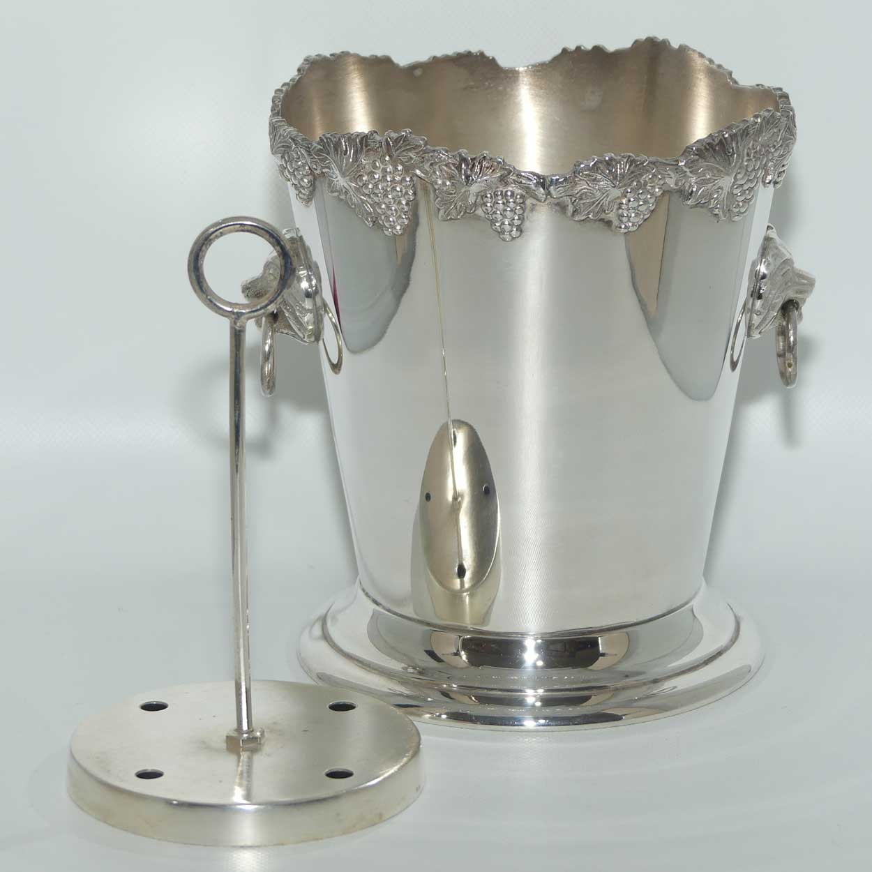 Saracen Silver Plate Neoclassical Lion Head and ring ice bucket and insert | Grape and Vine pattern