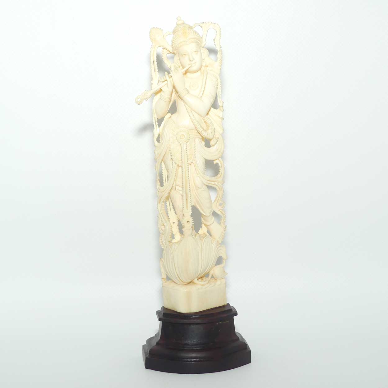 Indian Carved Ivory figure of Krishna, atop a Lotus with Flute | 23.5cm tall