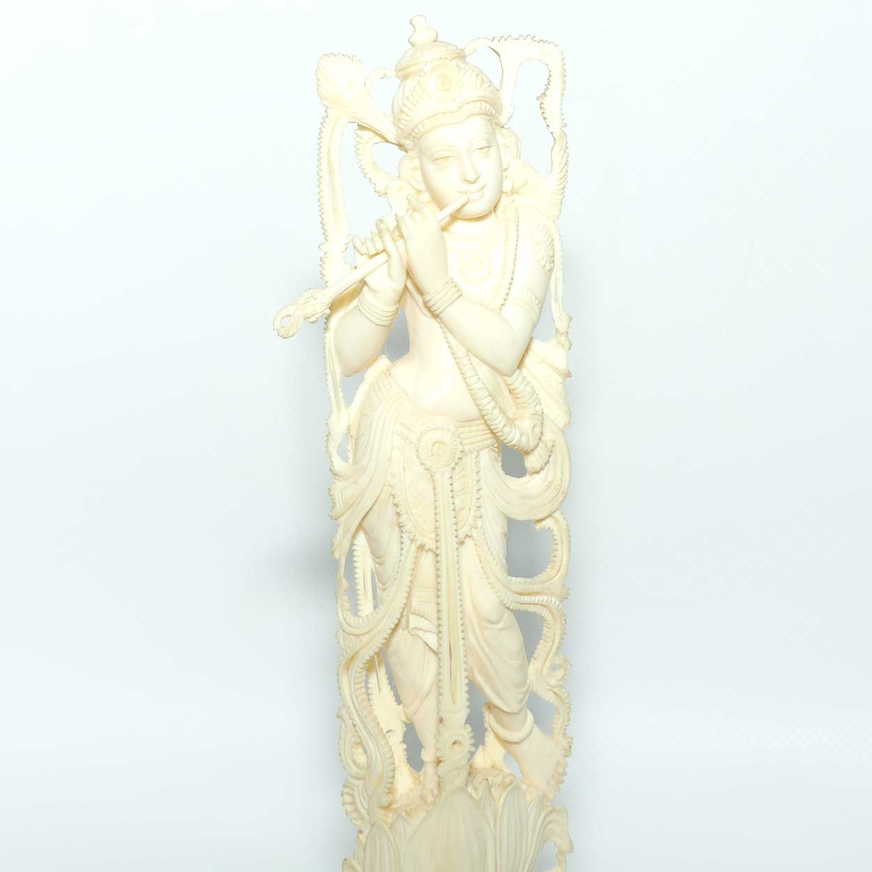 Indian Carved Ivory figure of Krishna, atop a Lotus with Flute | 23.5cm tall