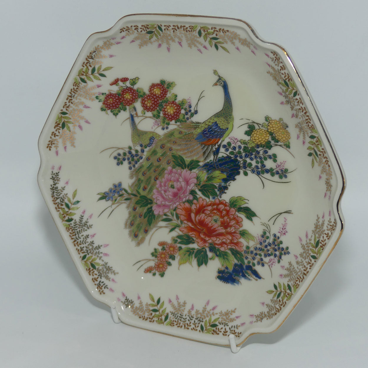 Kenzan Gama Satsuma Japan hexagonal Peacocks plate