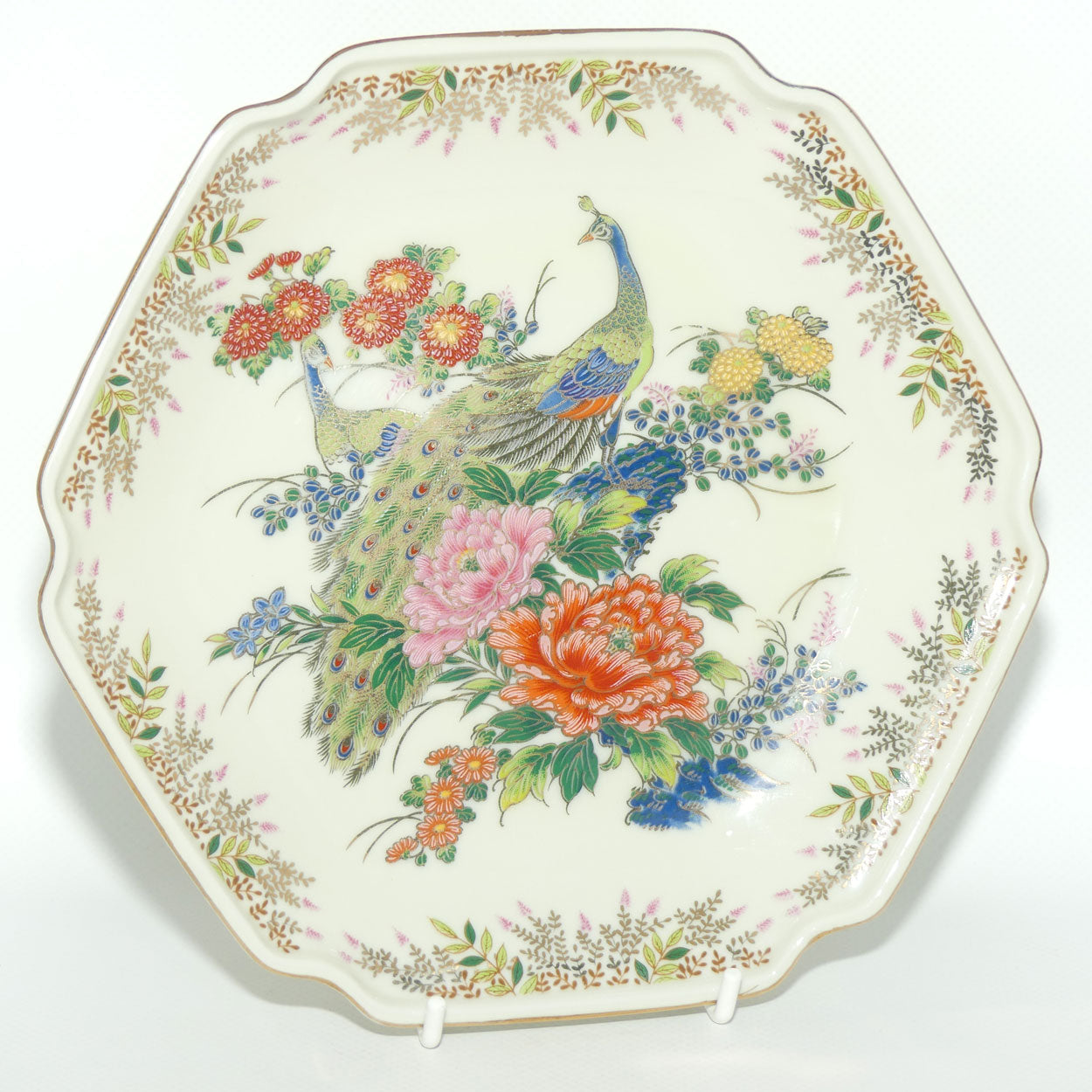 Kenzan Gama Satsuma Japan hexagonal Peacocks plate
