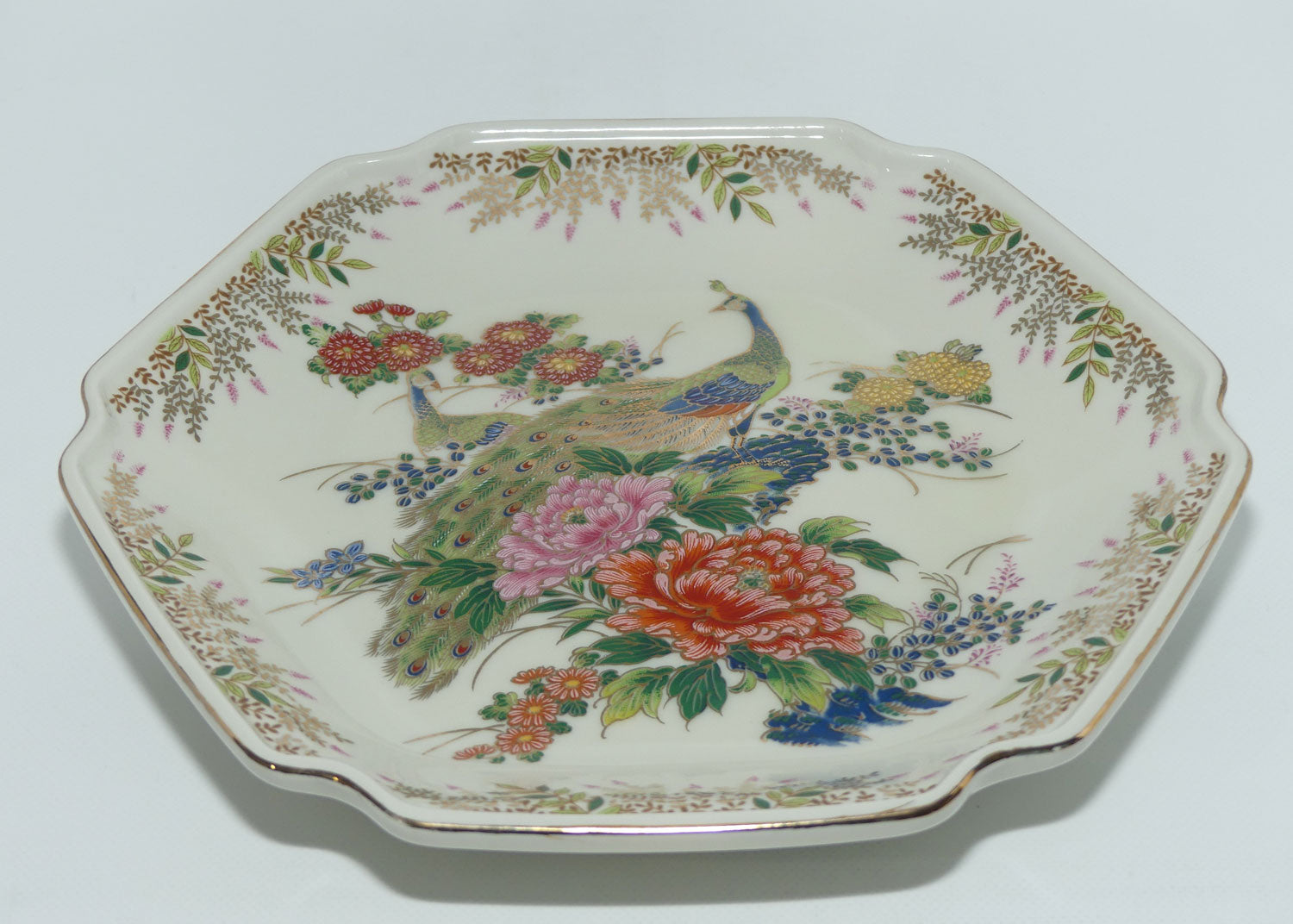 Kenzan Gama Satsuma Japan hexagonal Peacocks plate