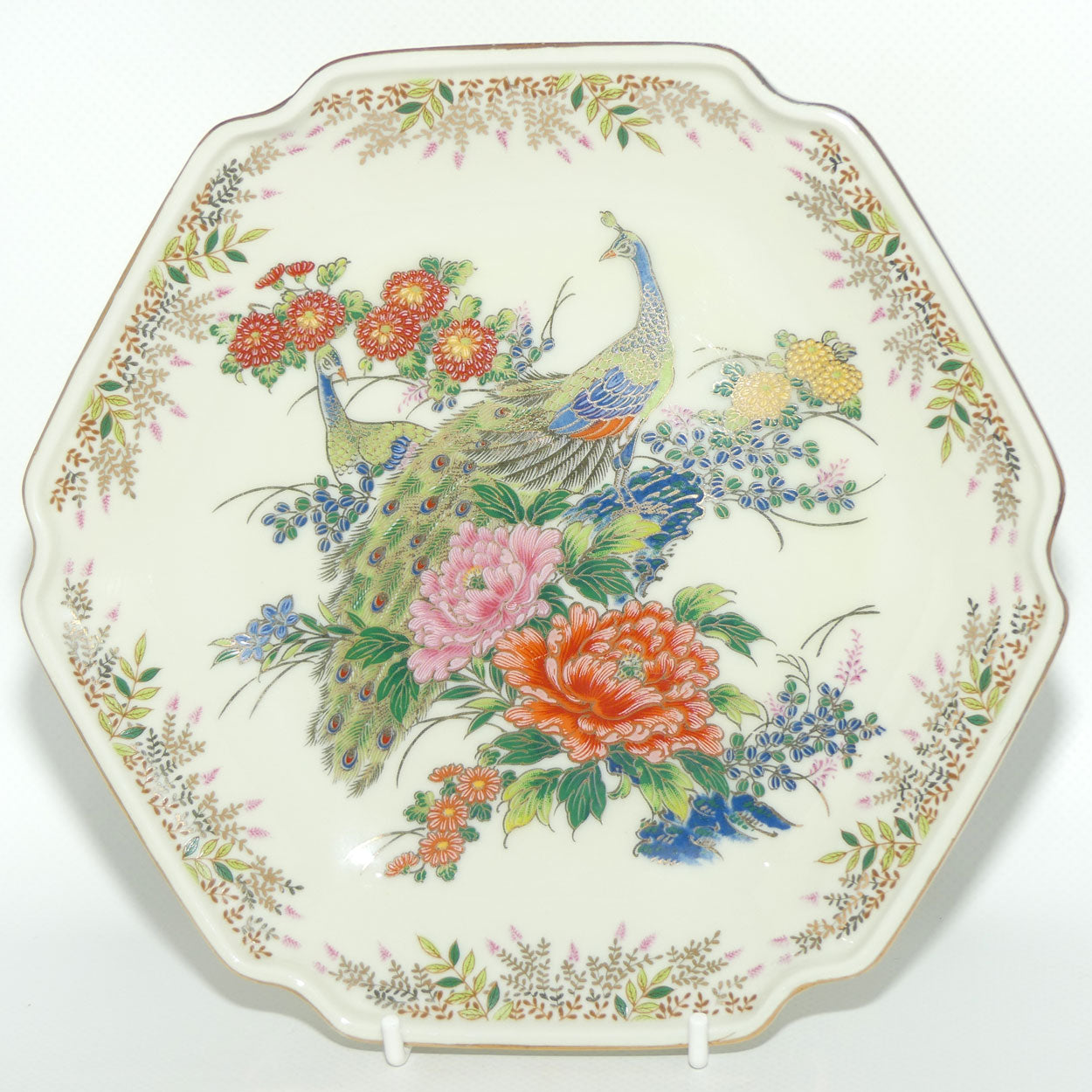 Kenzan Gama Satsuma Japan hexagonal Peacocks plate