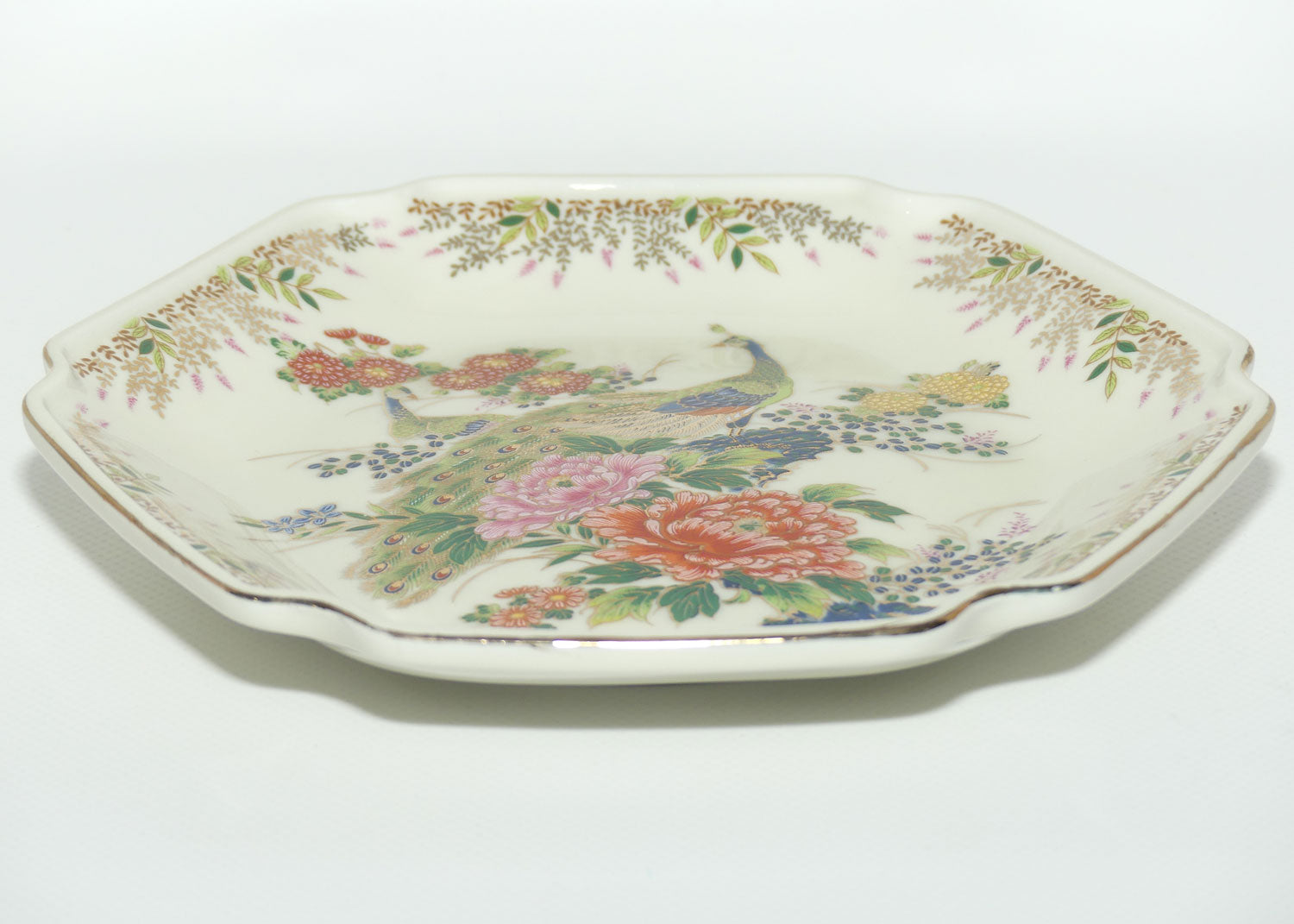 Kenzan Gama Satsuma Japan hexagonal Peacocks plate