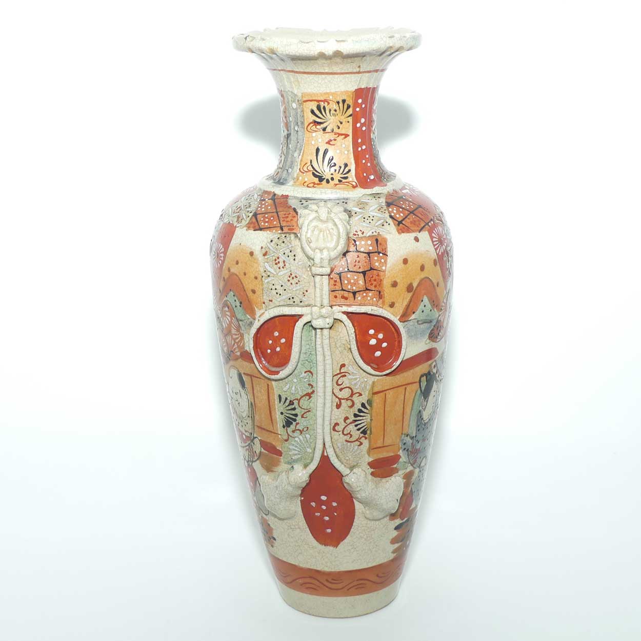 Antique Satsuma ware Samurai Warrior vase | Red Band on base