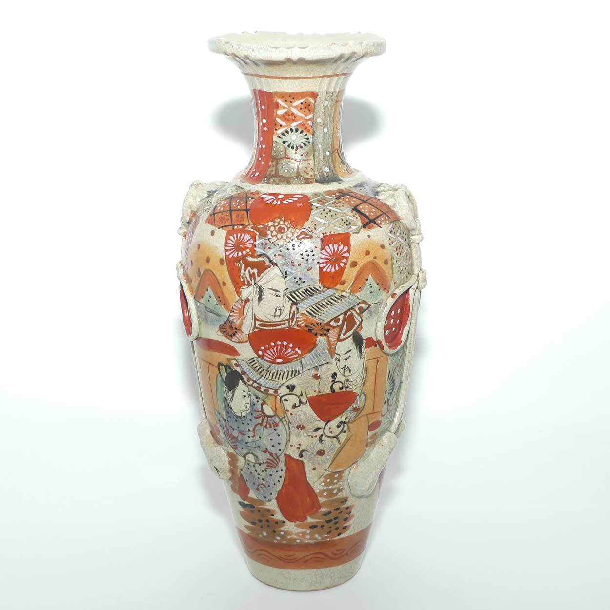 Antique Satsuma ware Samurai Warrior vase | Red Band on base
