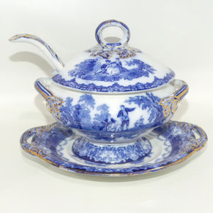 Doulton Watteau pattern Blue and White Sauce Tureen and Underplate