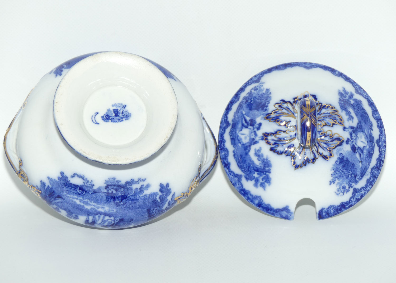 Doulton Watteau pattern Blue and White Sauce Tureen and Underplate