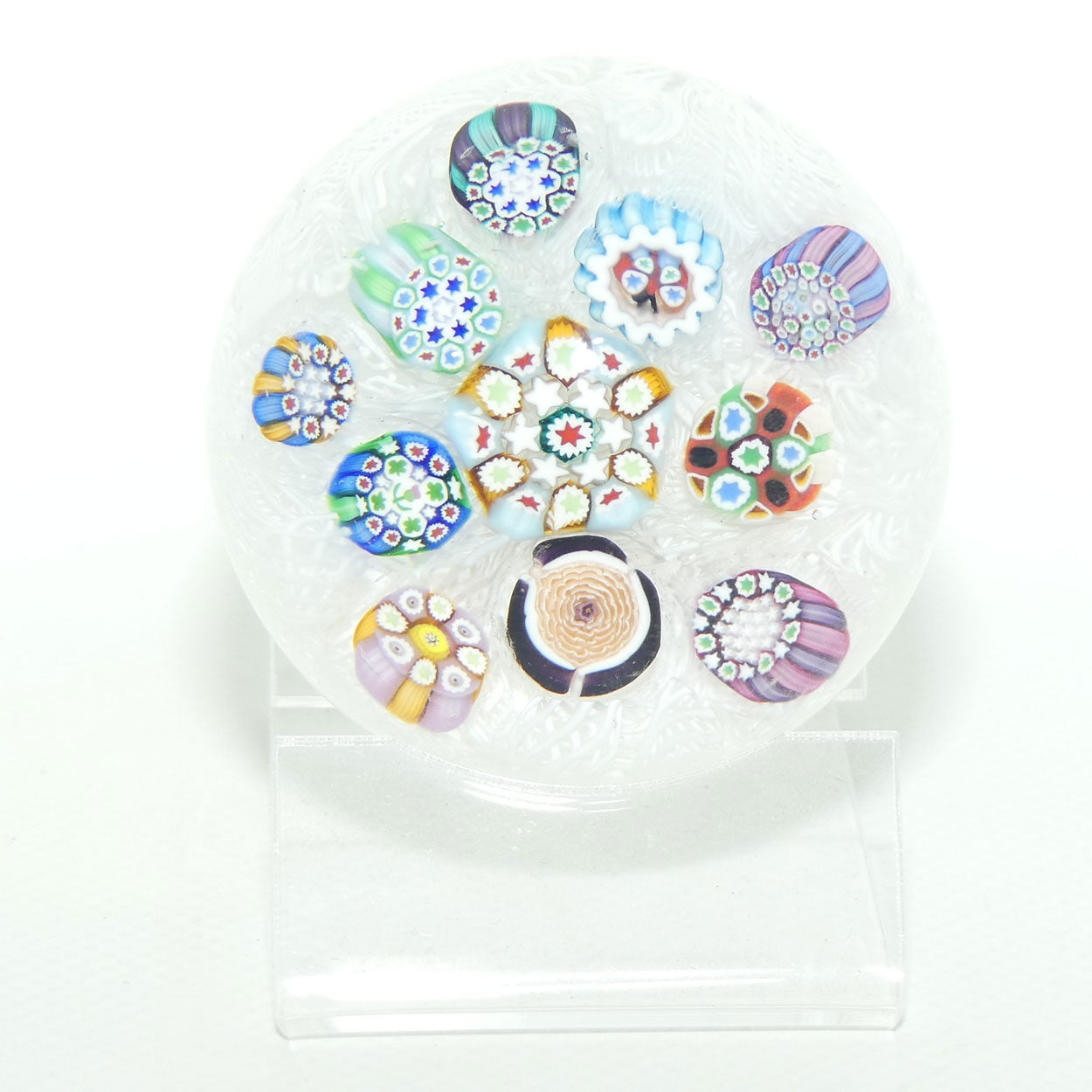 John Deacons Scotland Millefiori on White Lace Medium paperweight
