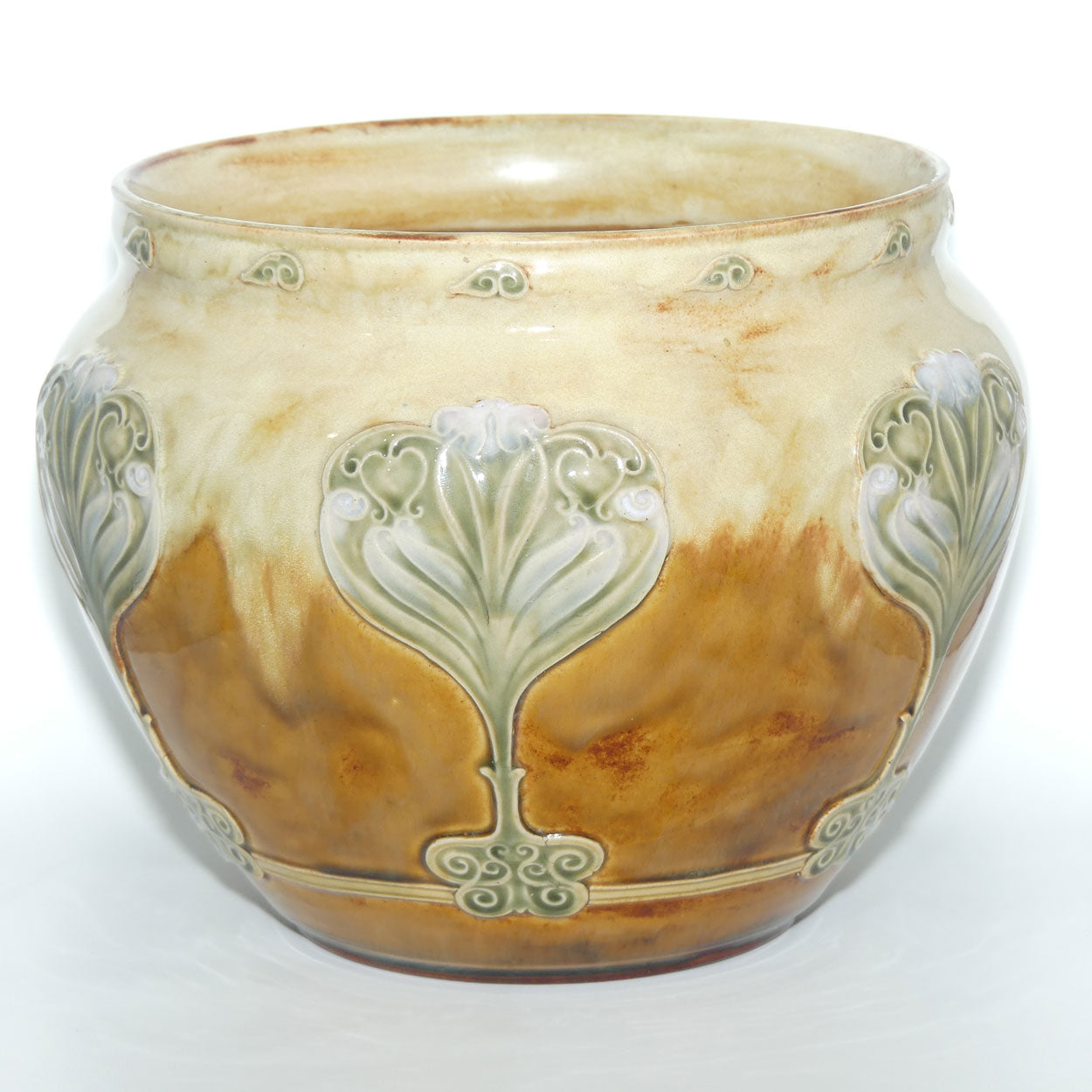 Doulton Lambeth Stoneware jardiniere | Light Brown and Cream with Art Nouveau Scrolling