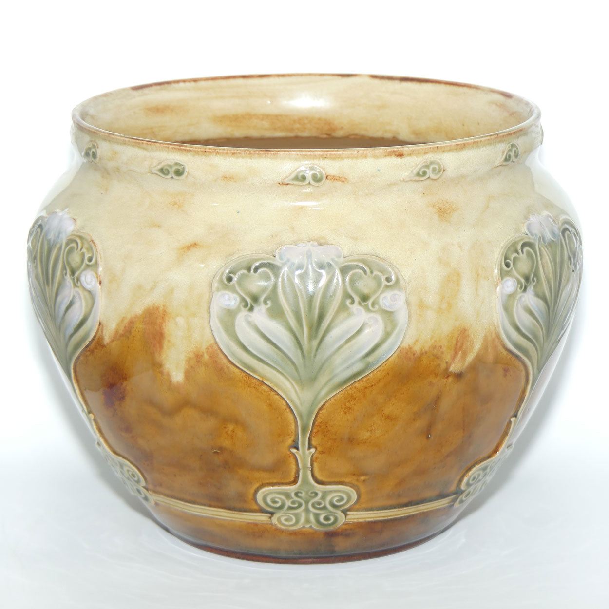 Doulton Lambeth Stoneware jardiniere | Light Brown and Cream with Art Nouveau Scrolling