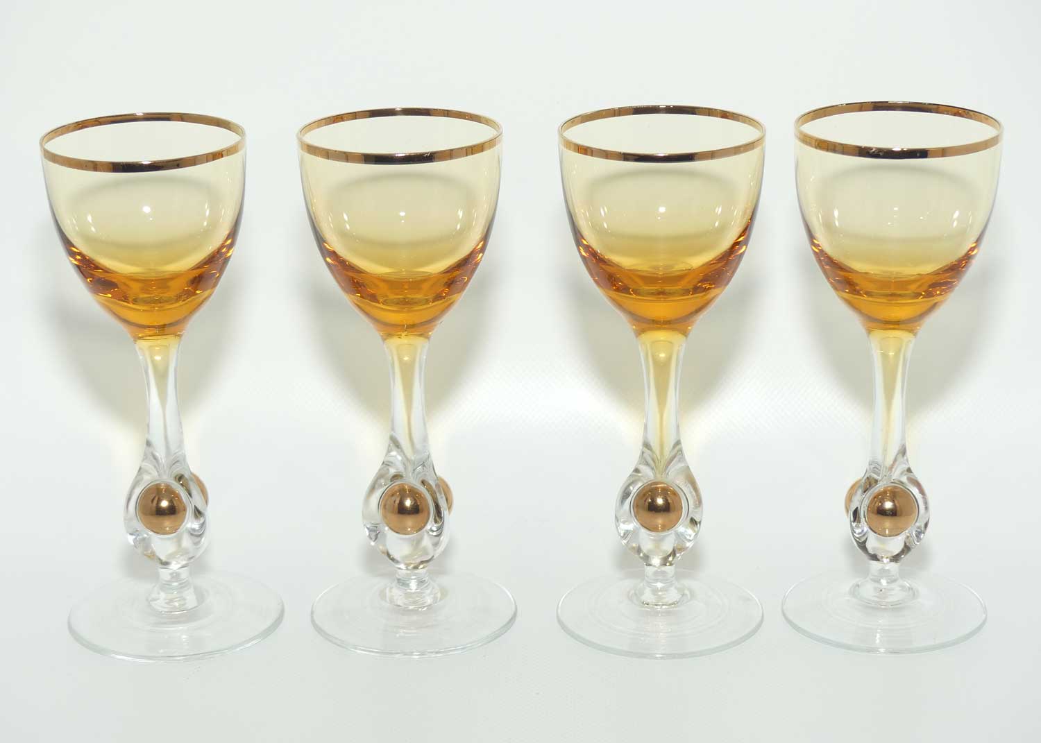 Set of 4 1960s Jozef Stanik Amber Glass With Captured Golden Ball in Stem liqueur glass  | Golden Zuzana Design