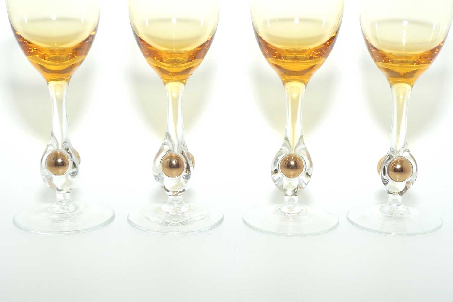Set of 4 1960s Jozef Stanik Amber Glass With Captured Golden Ball in Stem liqueur glass  | Golden Zuzana Design