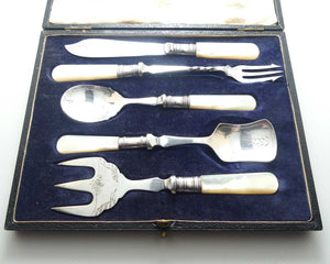 Boxed set of 5 EPNS and Mother of Pearl High Tea servers