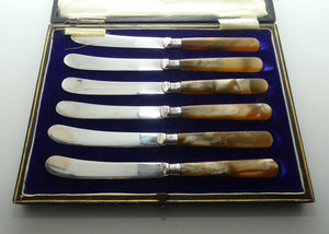 Boxed set of EPNS and Faux Amber Mother of Pearl butter knives | Sterling Silver ferrules