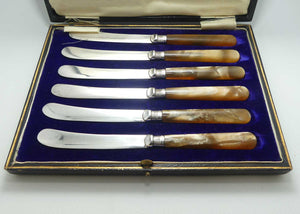 Boxed set of EPNS and Faux Amber Mother of Pearl butter knives | Sterling Silver ferrules