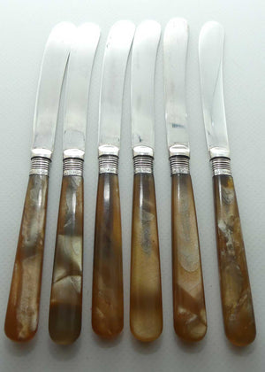 Boxed set of EPNS and Faux Amber Mother of Pearl butter knives | Sterling Silver ferrules