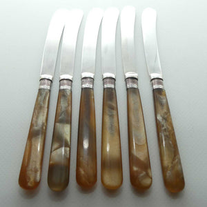 Boxed set of EPNS and Faux Amber Mother of Pearl butter knives | Sterling Silver ferrules