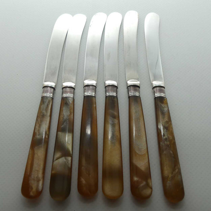 Boxed set of EPNS and Faux Amber Mother of Pearl butter knives | Sterling Silver ferrules