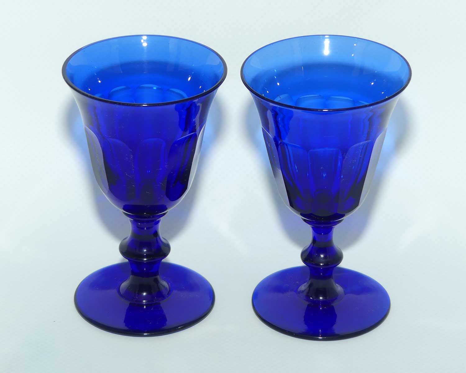 Set of 6 Georgian Bristol Blue Port Glasses with fine panelled waists