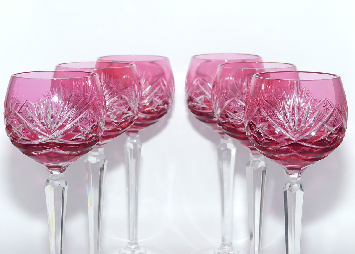 Set of 6 Cranberry Cut to Clear Nachtmann Wine Hocks | 19cm tall | 125ml bowl