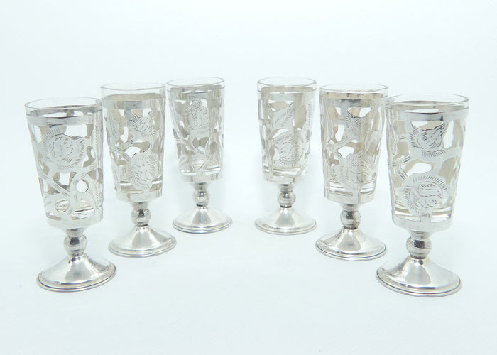 Set of 6 Mexican Sterling Silver figured floral overlay on glass | Shot glasses