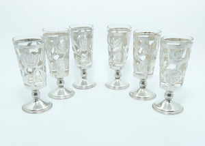 Set of 6 Mexican Sterling Silver figured floral overlay on glass | Shot glasses