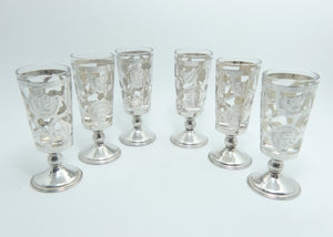 Set of 6 Mexican Sterling Silver figured floral overlay on glass | Shot glasses