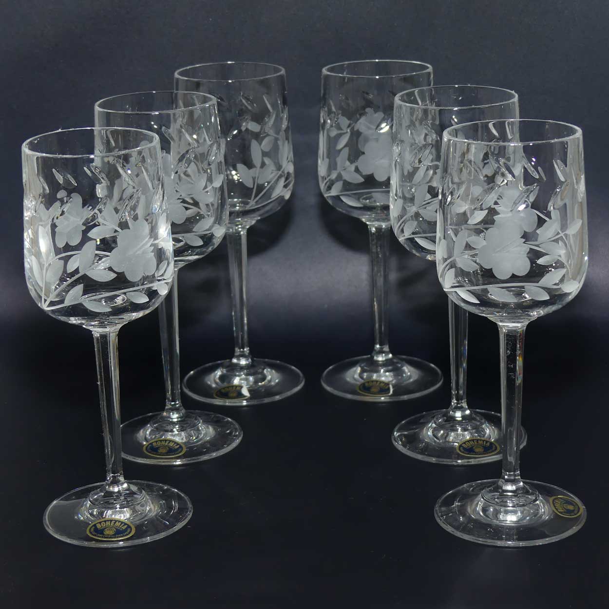 Set of 6 Bohemian Crystal Wine Glasses | Cut Floral pattern