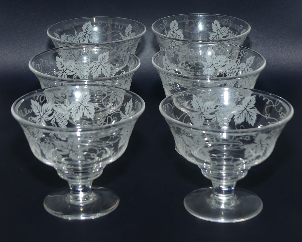 Stuart Crystal England set of 6 small compotes | Acid Etched Grape and Vine design