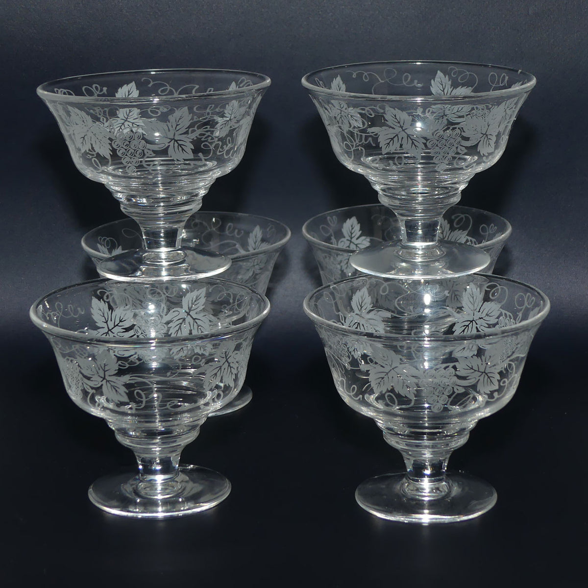 Stuart Crystal England set of 6 small compotes | Acid Etched Grape and Vine design