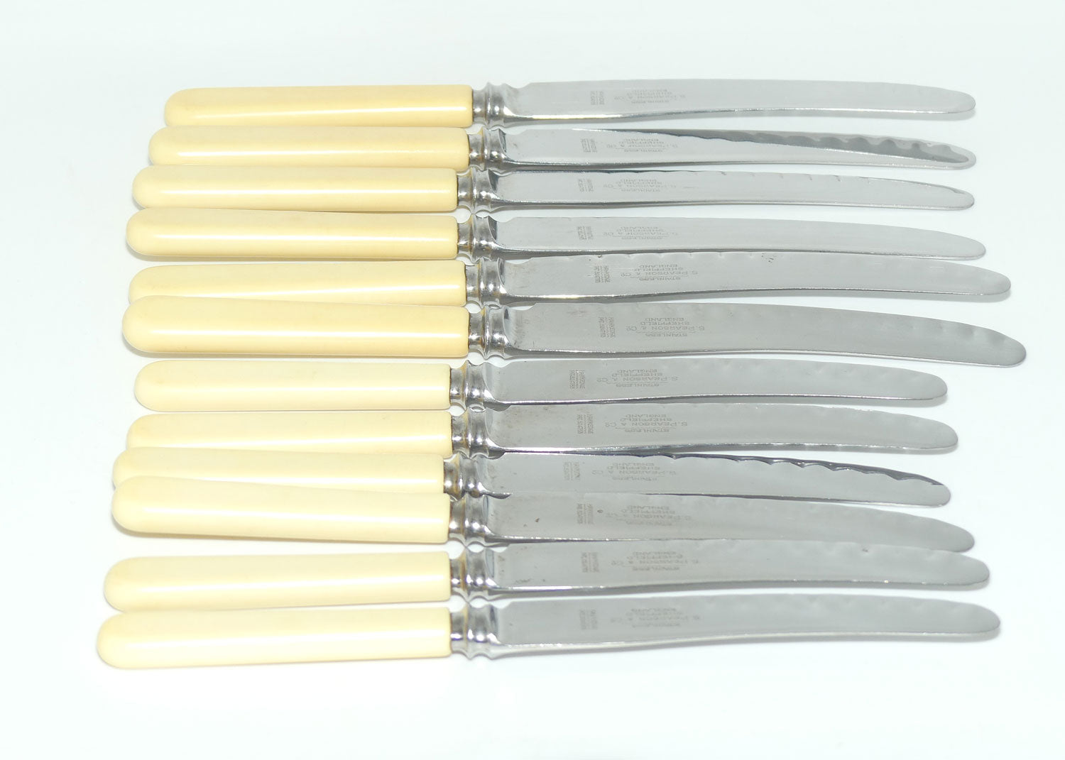 Set of 12 Pearson & Co Sheffield | Faux Bone Handle Knives | 6 Dinner Knives and 6 Salad Knives | serated