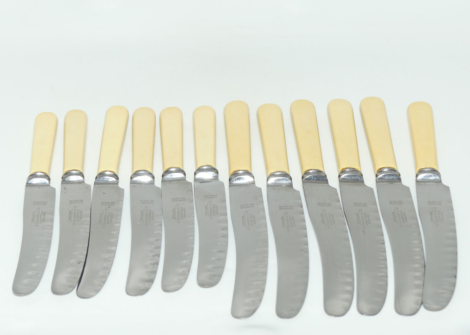 Set of 12 Pearson & Co Sheffield | Faux Bone Handle Knives | 6 Dinner Knives and 6 Salad Knives | serated