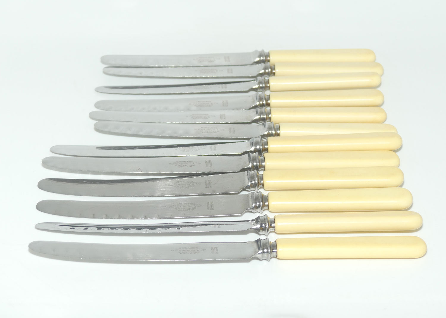 Set of 12 Pearson & Co Sheffield | Faux Bone Handle Knives | 6 Dinner Knives and 6 Salad Knives | serated