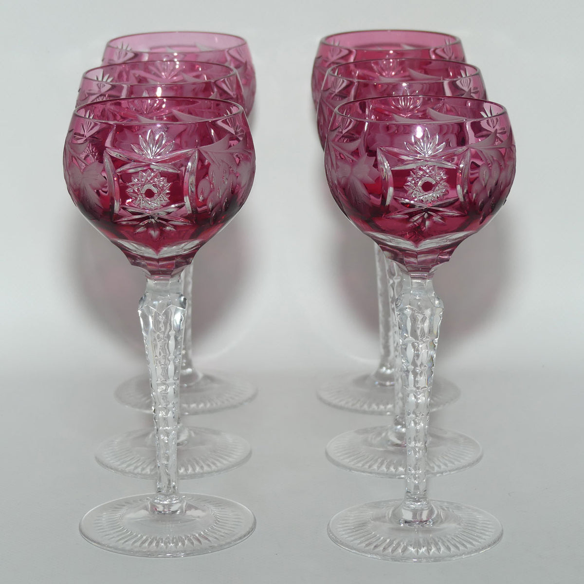 Set of 6 Cranberry Cut to Clear Nachtmann Wine Hocks | 18cm tall